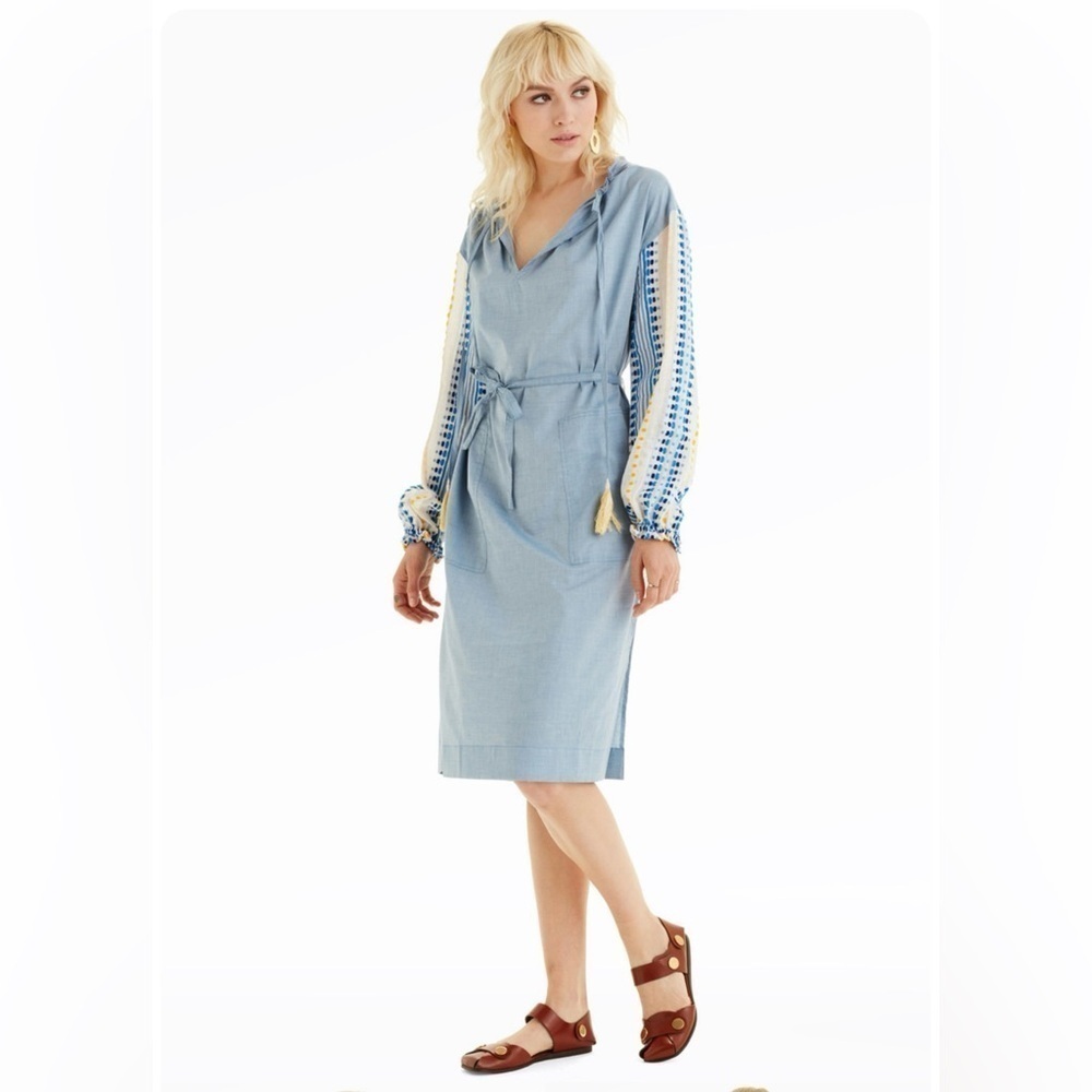 LemLem Mwali Poet Dress by Liya Kebede Chambray w/woven Long Sleeve Midi - Small